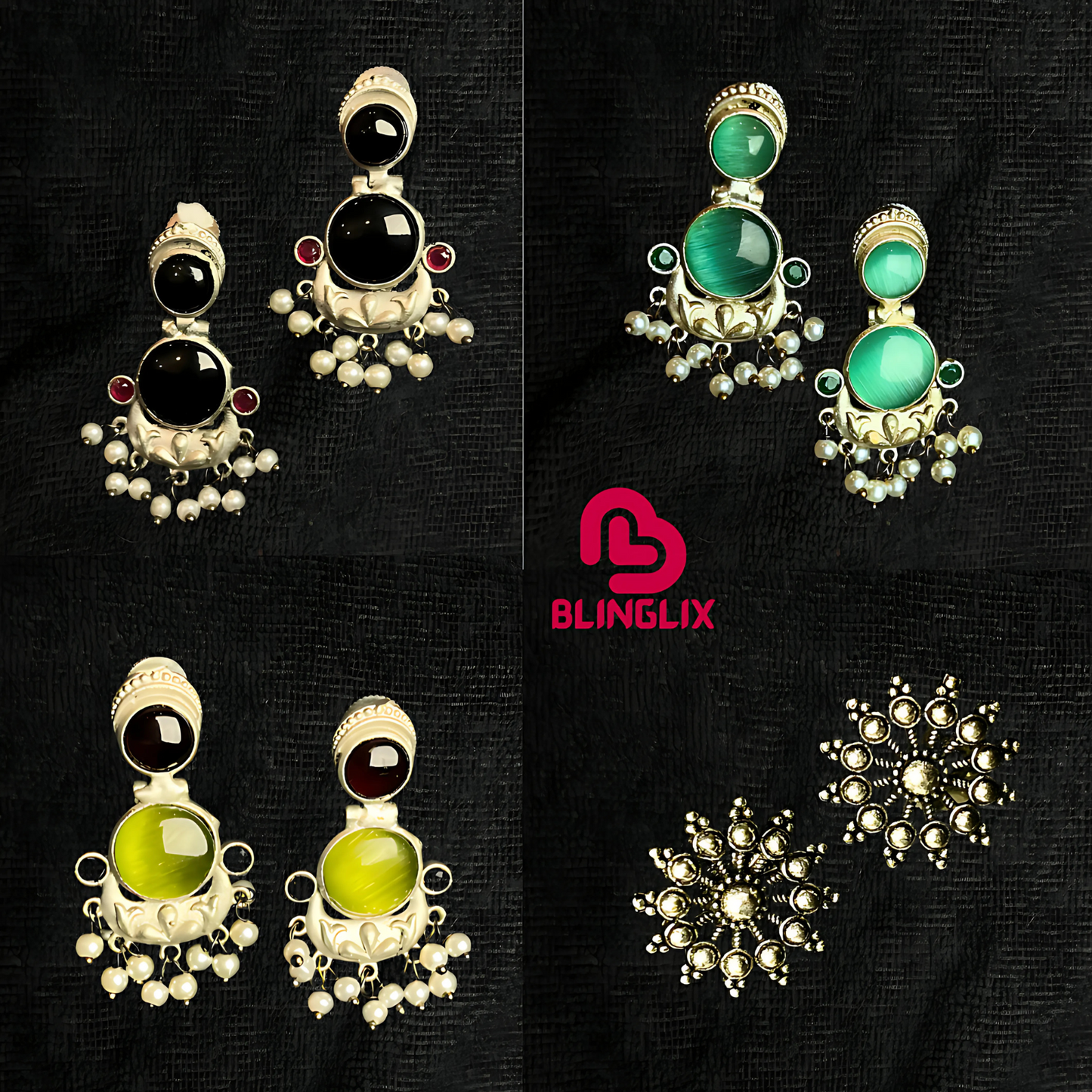 Blinglix Premium Set of 4 Earrings Combo | Pearl Drops & Oxidized Stud