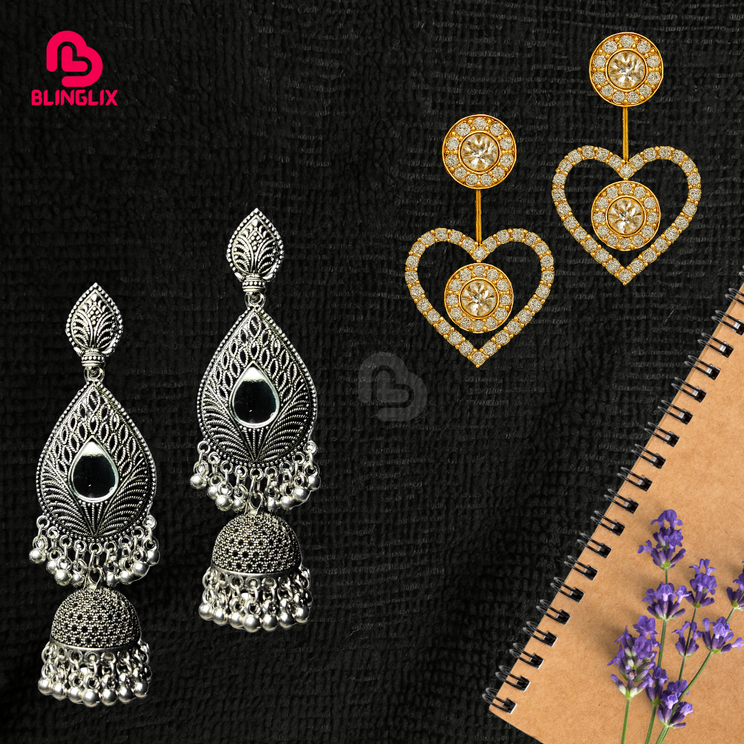 Blinglix Premium 2-in-1 Earrings Combo | Oxidized Jhumkas & Golden Hearts