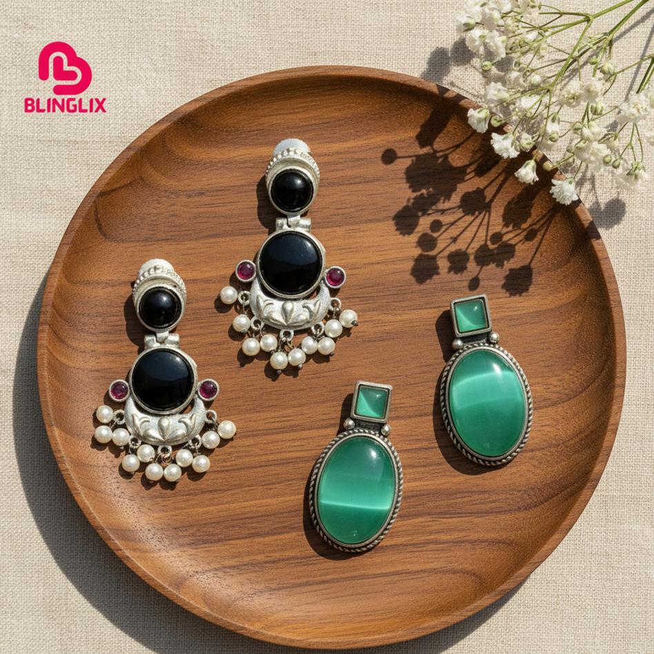 Premium Jaipuri Oxidized Set Of 2 Earrings