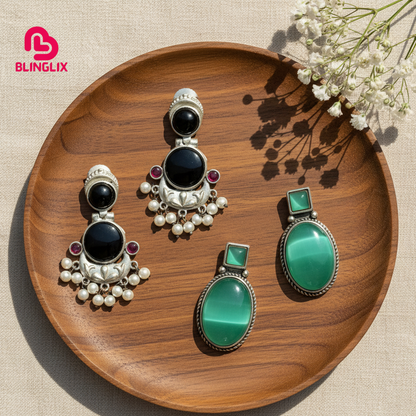 Premium Jaipuri Oxidized Set Of 2 Earrings