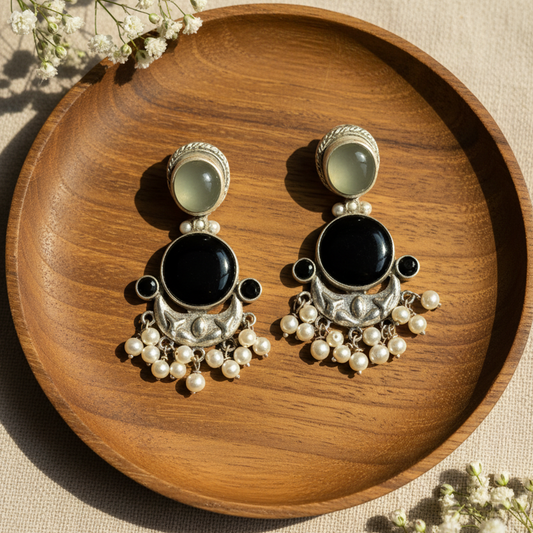 Blinglix Premium Dual-Stone Earrings | Black & Grey Pearl Drop Design