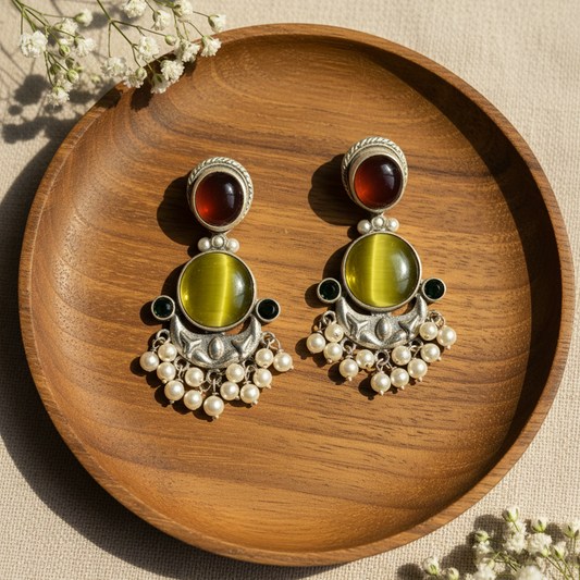 Blinglix Premium Dual-Tone Maroon & Olive Drop Earrings | Festive Jewelry