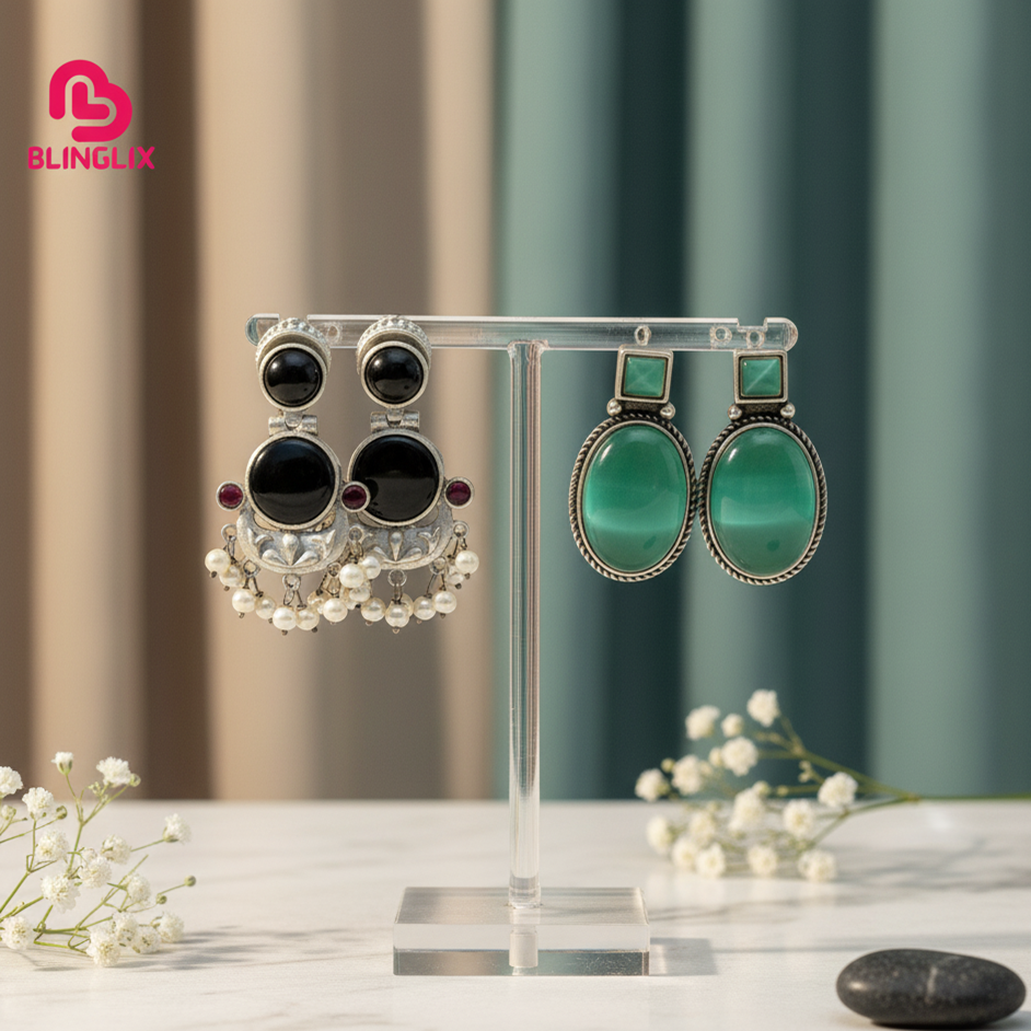 Premium Jaipuri Oxidized Set Of 2 Earrings