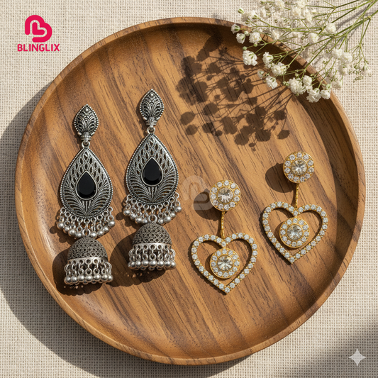 Blinglix Premium 2-in-1 Earrings Combo | Oxidized Jhumkas & Golden Hearts