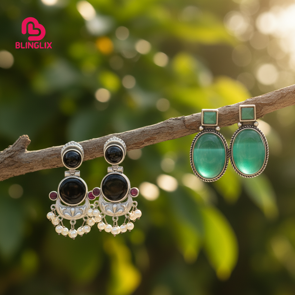 Premium Jaipuri Oxidized Set Of 2 Earrings