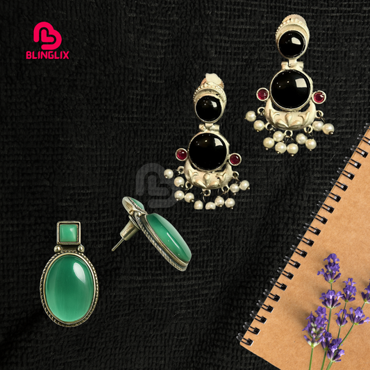 Premium Jaipuri Oxidized Set Of 2 Earrings