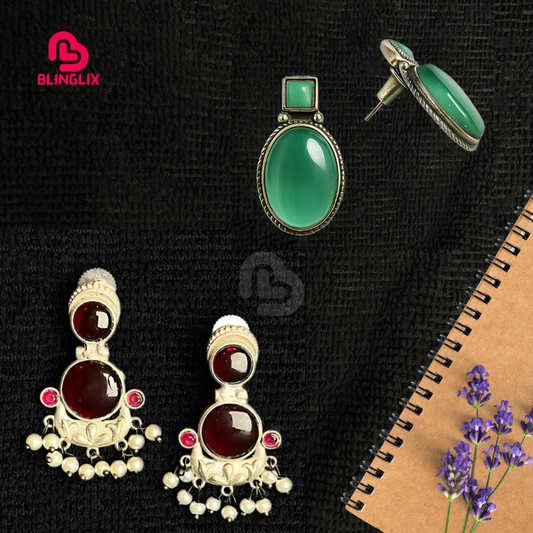 Premium Jaipuri Oxidized Set Of 2 Earrings