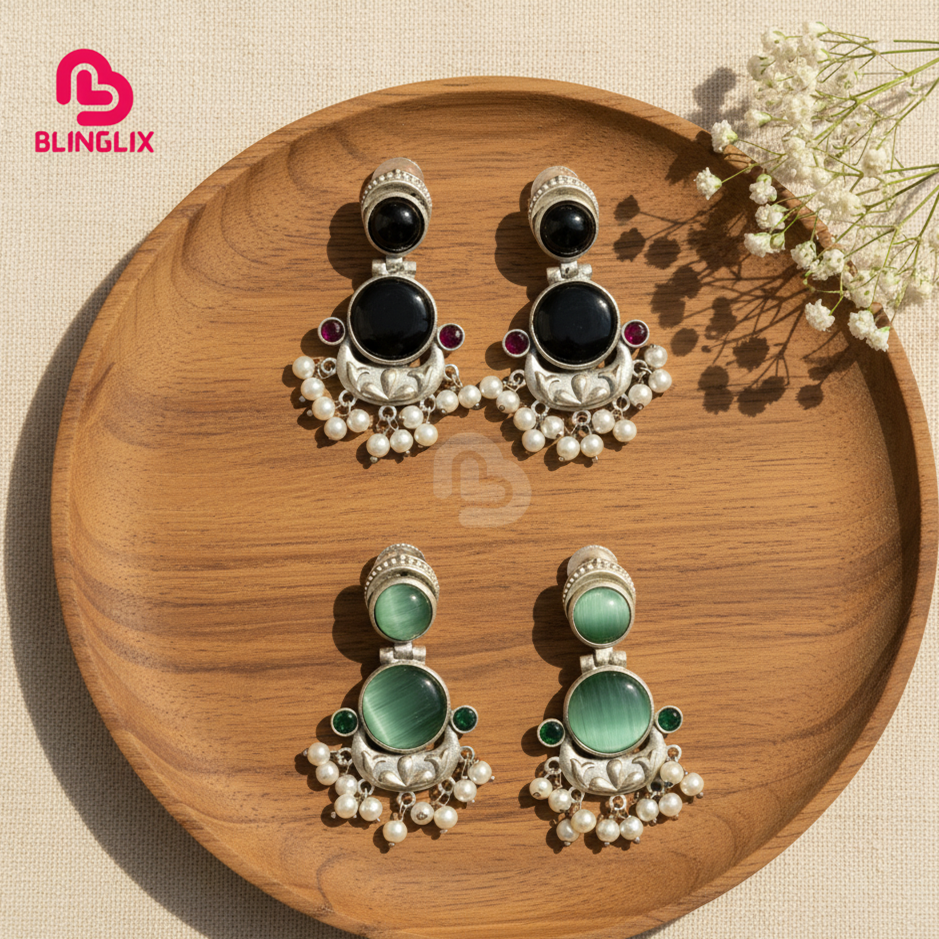 Premium Jaipuri Oxidized Set Of 2 Earrings