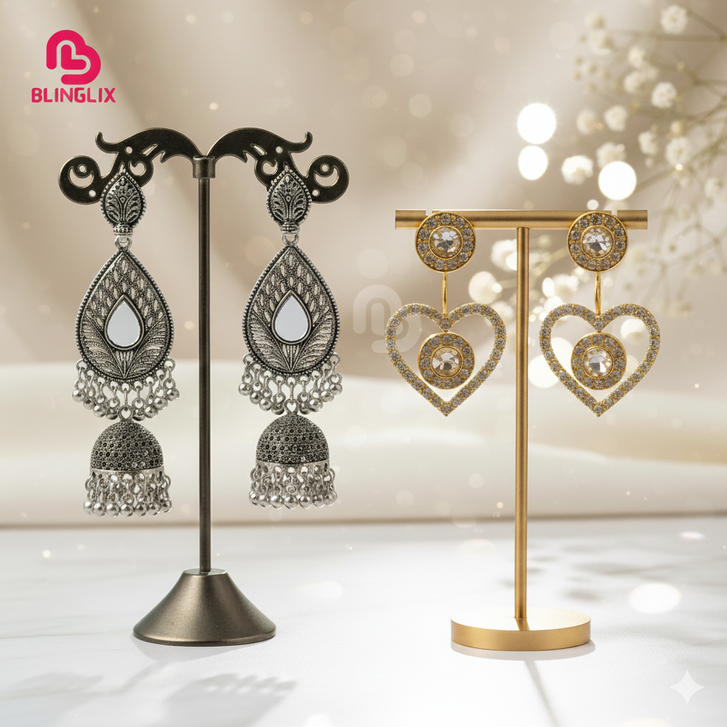 Blinglix Premium 2-in-1 Earrings Combo | Oxidized Jhumkas & Golden Hearts