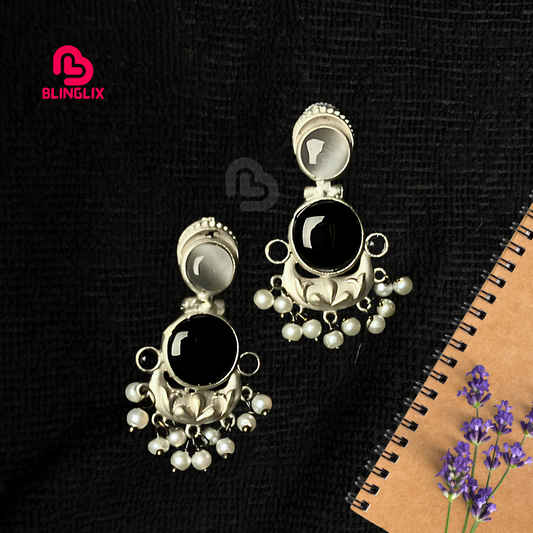 Blinglix Premium Dual-Stone Earrings | Black & Grey Pearl Drop Design