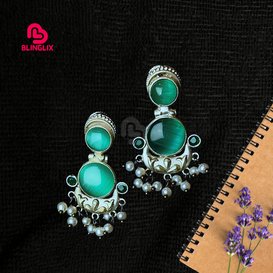 Blinglix Premium Green Pearl Drop Earrings | Elegant Party & Festive Wear