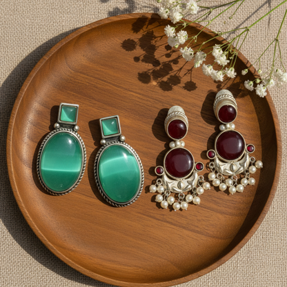 Premium Jaipuri Oxidized Set Of 2 Earrings