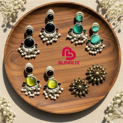Blinglix Premium Set of 4 Earrings Combo | Pearl Drops & Oxidized Stud
